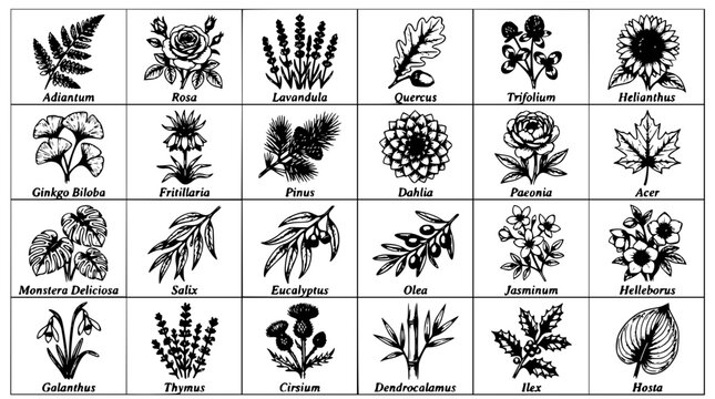 Botanical illustrations set with detailed drawings featuring Adiantum, Rosa, Lavandula with Ginkgo Biloba and Helianthus