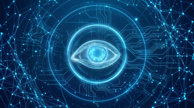 Digital eye scanner and futuristic cybersecurity concept with glowing circuit board pattern and network