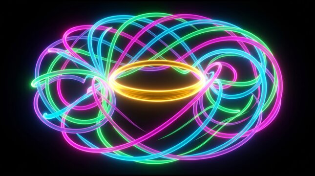 Abstract torus shape made of glowing neon lines and colorful light loops on a black background