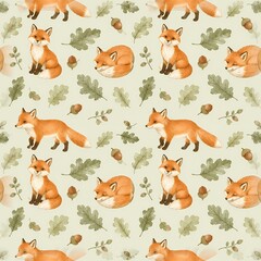 Naklejka premium Cute foxes, oak leaves and acorns in a soft woodland nursery repeat