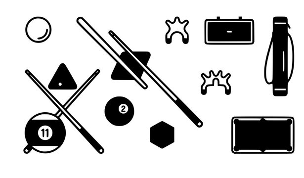 Pool billiard equipment icon set featuring balls cues triangular rack chalk bridge and scoreboard symbols in modern vector artwork