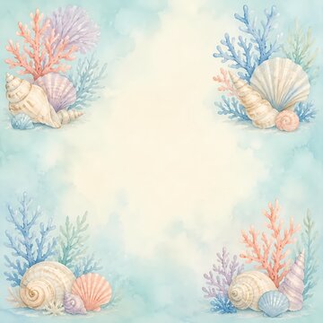 Coral and seashell corner clusters on a pale aqua watercolor wash