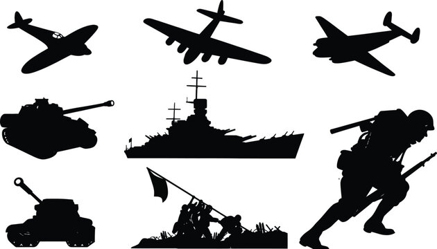 WWII Historical War Silhouettes Collection with Fighter Aircraft, Military Tanks, Navy Battleships, and Brave Soldiers in Battle for Education, Graphic Design, and Patriotic Displays.