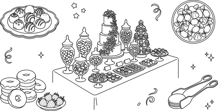 Wedding dessert table bundle vector illustration with cake donuts candy jars chocolates pastries and sweets line art elements