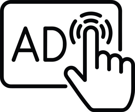 Digital Advertisement Click Icon with Hand Cursor Touching Ad Banner Representing Pay Per Click, Online Marketing Strategy, and Website Traffic Conversion Line Art