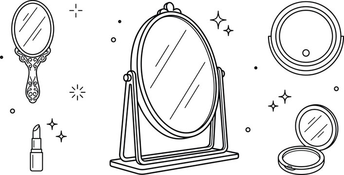 Vintage tabletop mirror and beauty cosmetics vector icon set with vintage hand mirror lipstick and makeup compact
