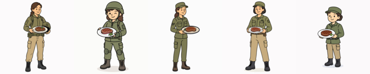 Obraz premium A set of vector illustrations featuring a female soldier standing and carrying a platter of delicious grilled meat.