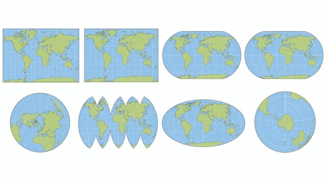 Collection of various world map projections showing different cartographic styles and layouts.