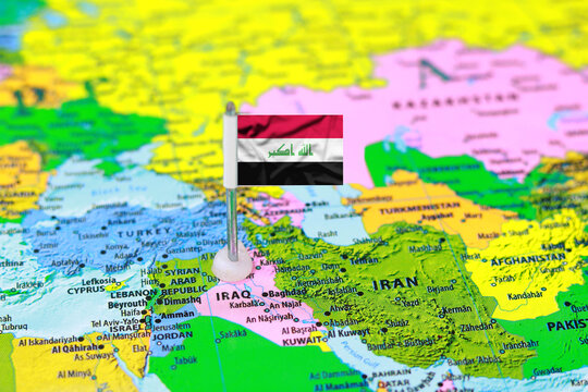 Iraq Flag Pin Mark Location on World Map Close Up