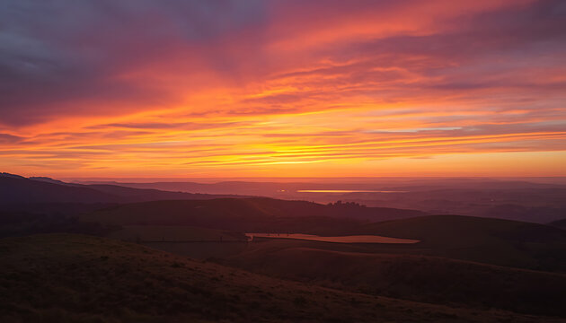 Vibrant sunset sky over rolling hills