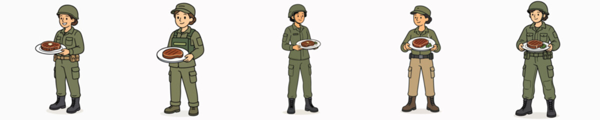 Obraz premium A set of vector illustrations featuring a female soldier standing and carrying a platter of delicious grilled meat.