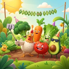 Obraz premium Funny cartoon chicken and anthropomorphic vegetables take a group selfie beneath a Friends Not Food banner, promoting vegetarian lifestyle and plant based eating