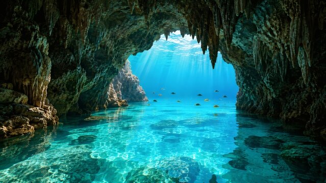 Stunning underwater view from inside a limestone sea cave with crystal clear blue ocean water.