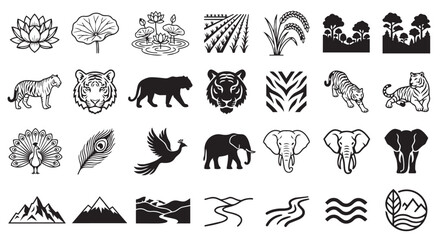 Obraz premium Set of black and white vector wildlife animal and nature landscape icons and silhouettes with tiger icons