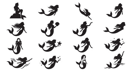 Fototapeta premium Set of black mermaid silhouettes showcasing swimming diving and sitting poses for fantasy designs