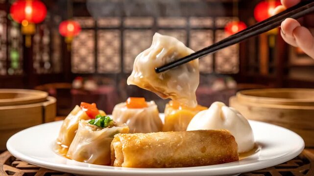 Close-up of Chinese restaurant pastry, chopsticks pick up Cantonese dim sum