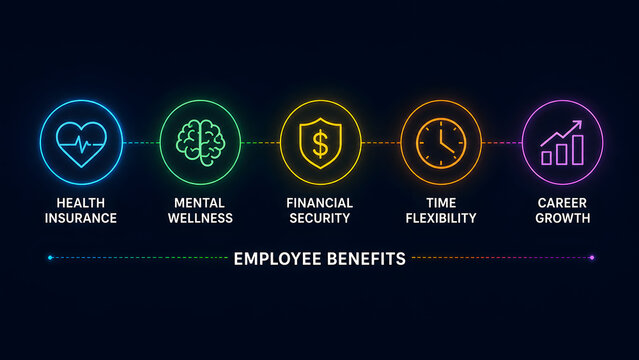 Employee benefits infographic with neon icons on dark background