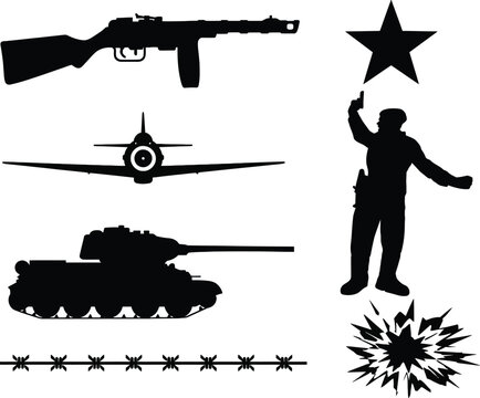 Soviet World War II Military Silhouette Set Featuring T-34 Tank, PPSh Submachine Gun, Fighter Plane, Red Army Soldier, Barbed Wire, and Soviet Star Symbols for History Graphic Designs