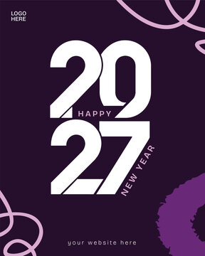 2027 Happy New Year typography template with bold white numbers, pink lettering and decorative curves on dark purple background