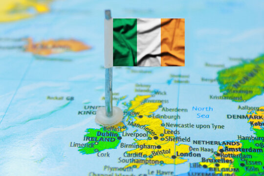Ireland Flag Pin Mark Location on World Map Close Up