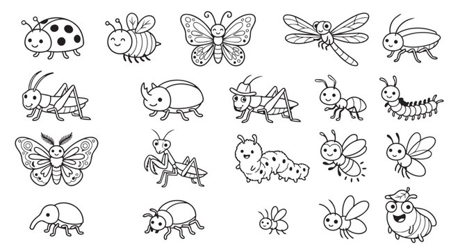 Set of hand drawn cute insects and bugs sketches in black and white with bug sketch insect drawing line art