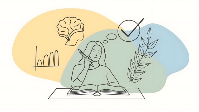 Student studying for exams and academic knowledge acquisition concept. Focus and deep thinking. Woman reading an open book at a desk with abstract icons and a checkmark