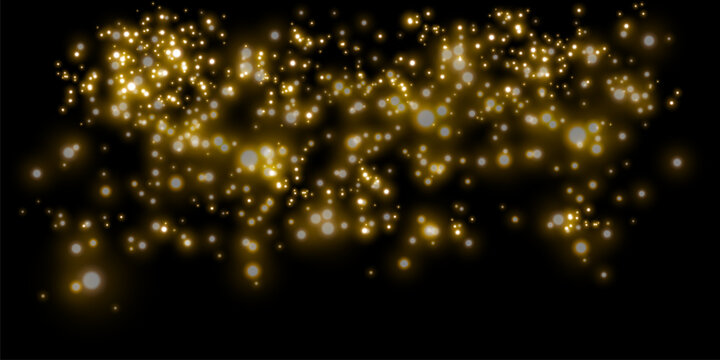 Dense Golden Glitter with Glowing Particles and Soft Bokeh Lights on Black Background.