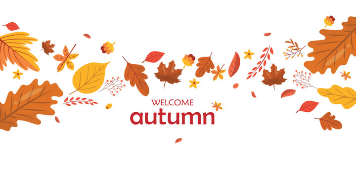 Isolated welcome autumn vector banner with falling maple oak leaves, foliage pattern, red typography, and copy space on transparent background.