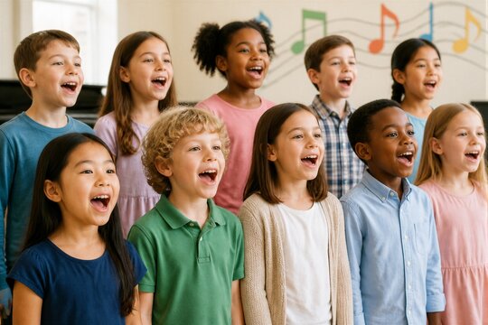 Multiracial children singing together in school choir