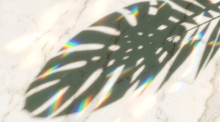 Obraz premium Abstract Monstera Leaf Shadow Overlaid with Prismatic Rainbow Light Reflections on a Textured White Marble Surface Background