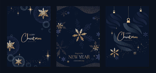Fototapeta na wymiar Navy blue Christmas and Happy New Year card vector. Winter Star ,Night sky, leaves branch, snow flake with gold foil texture on white background. Illustration for cover, print, poster, invitation.