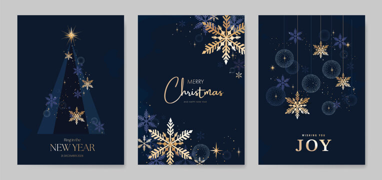 Navy blue Christmas and Happy New Year card vector. Winter Star ,Night  sky, leaves branch, snow flake with gold foil texture on white background. Illustration for cover, print, poster, invitation.