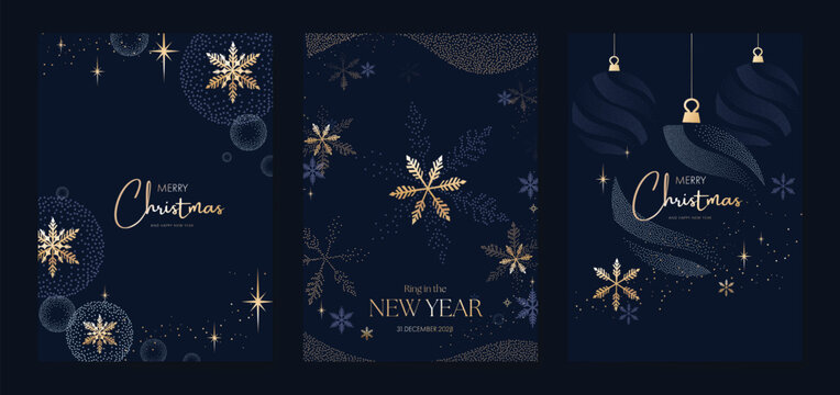 Navy blue Christmas and Happy New Year card vector. Winter Star ,Night  sky, leaves branch, snow flake with gold foil texture on white background. Illustration for cover, print, poster, invitation.