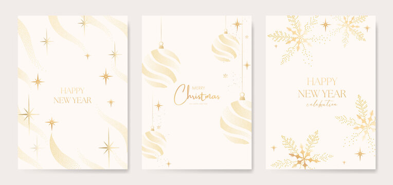 White Christmas and Happy New Year card vector. Winter Star ,Night  sky, leaves branch, snow flake with gold foil texture on white background. Illustration for cover, print, poster, invitation.