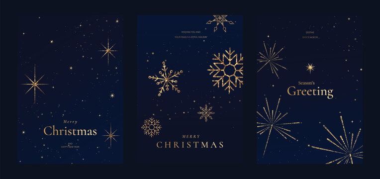 Navy blue Christmas and Happy New Year card vector. Winter Star ,Night  sky, leaves branch, snow flake with gold foil texture on white background. Illustration for cover, print, poster, invitation.