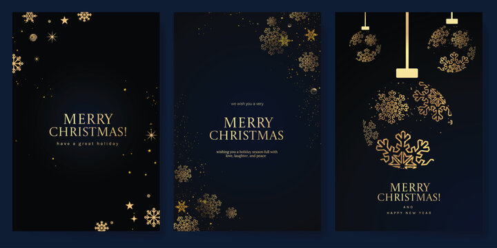 Navy blue Christmas and Happy New Year card vector. Winter Star ,Night  sky, leaves branch, snow flake with gold foil texture on white background. Illustration for cover, print, poster, invitation.