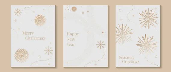 Fotobehang Sportwinkel White Christmas and Happy New Year card vector. Winter Star ,Night  sky, leaves branch, snow flake with gold foil texture on white background. Illustration for cover, print, poster, invitation.  © babeer