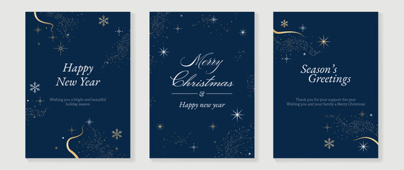 Obraz premium Navy blue Christmas and Happy New Year card vector. Winter Star ,Night sky, leaves branch, snow flake with gold foil texture on white background. Illustration for cover, print, poster, invitation.