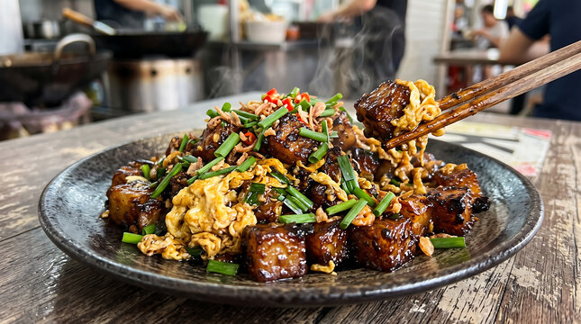 Stir Fried Black Carrot Cake Cubes with Egg Spring Onions and Chopsticks Action Close Up Food Photography
