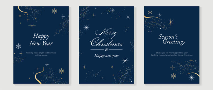 Navy blue Christmas and Happy New Year card vector. Winter Star ,Night  sky, leaves branch, snow flake with gold foil texture on white background. Illustration for cover, print, poster, invitation.