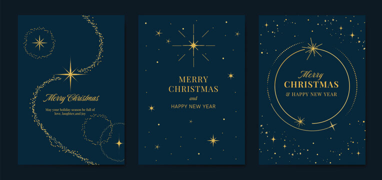 Navy blue Christmas and Happy New Year card vector. Winter Star ,Night  sky, leaves branch, snow flake with gold foil texture on white background. Illustration for cover, print, poster, invitation.