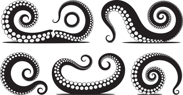 Set of six black tentacle illustrations with suckers, perfect for marine and monster designs