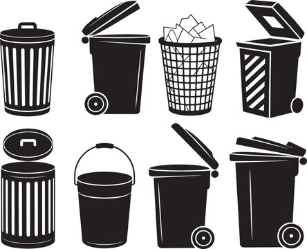 Trash can icons waste bin garbage basket recycling container vector illustration set