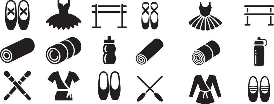 Ballet and yoga accessories icons, symbols for fitness and dance studio, sport equipment vector.