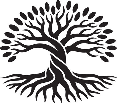 Tree of life vector illustration. black and white round shape with roots and leaves design.