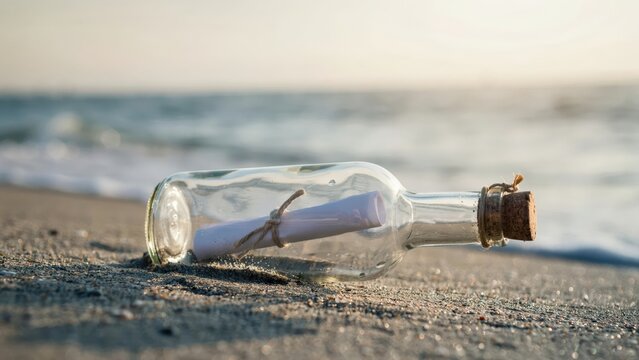 A message in a bottle lies on a sandy beach at sunset. Perfect concept for travel adventure, hope, communication, or discovery.