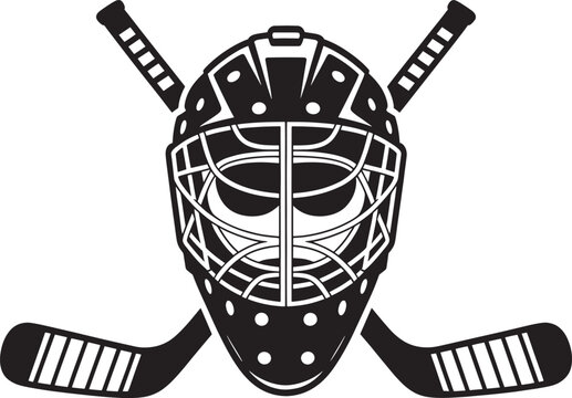 Ice hockey goalie mask silhouette with crossed sticks sports equipment icon vector illustration art.