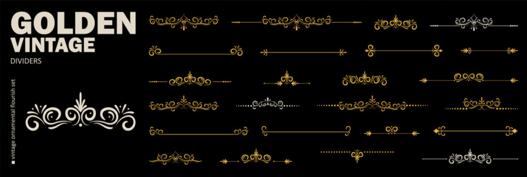 Golden royal crown chapter divider set with luxury vintage flourishes and ornate decorative lines on black, ideal for invitations, certificates, books and formal designs.