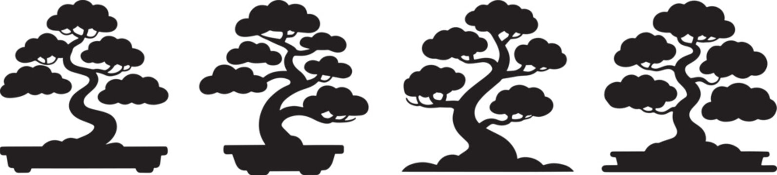 Set of black silhouettes of various bonsai trees in pots on transparent background vector.