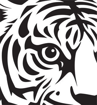 Close up of tiger face with stripes and piercing eye symbolizing power ferocity and wild beauty.